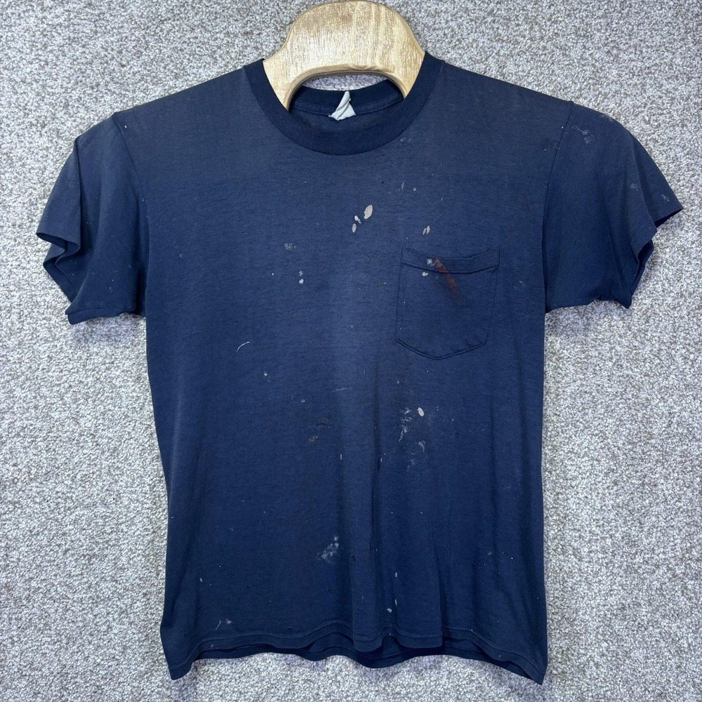 70s True Vintage Shirt Mens Small Blue Pocket Short Sleeve Crewneck Tee Paint
